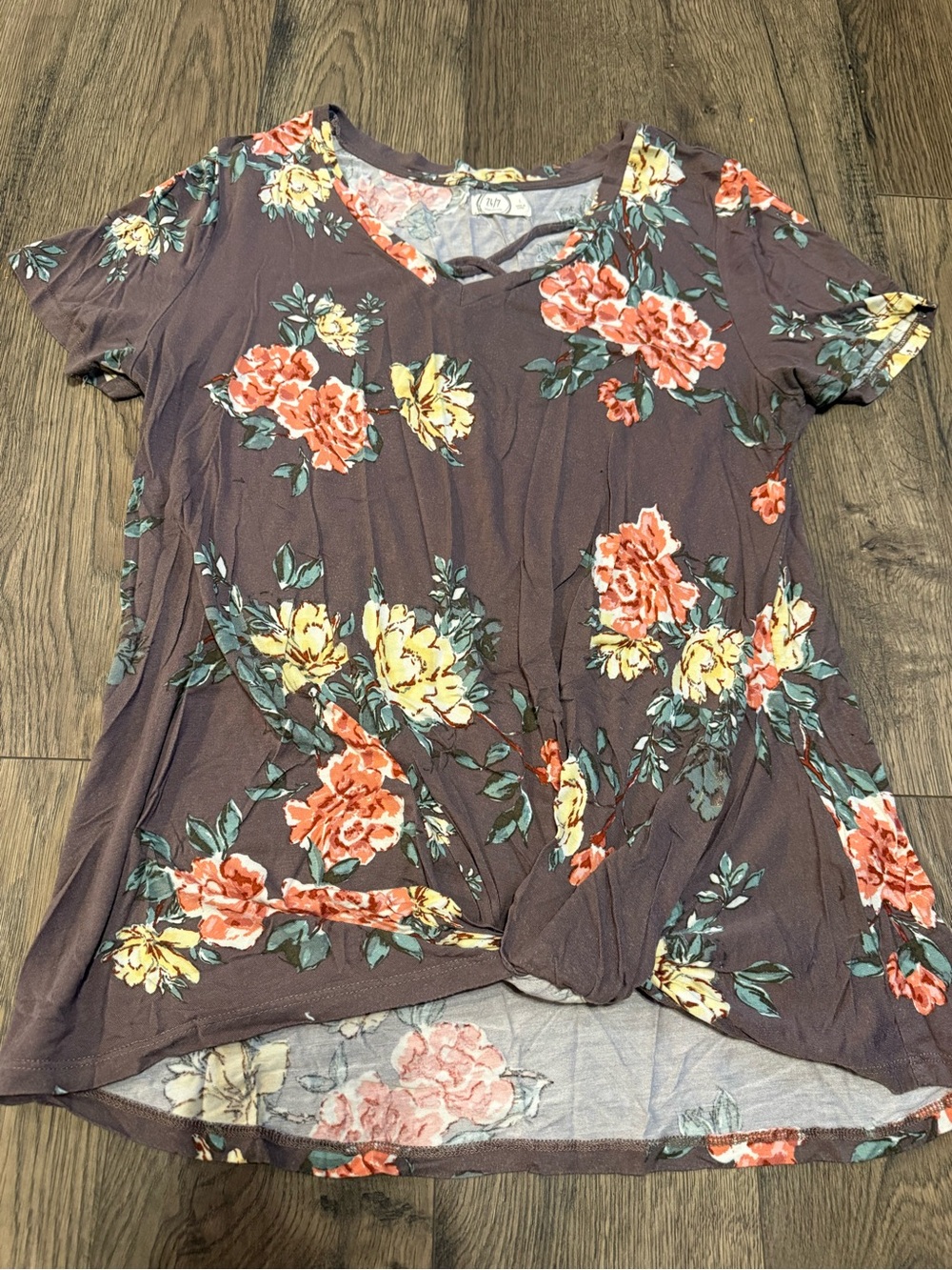 Twist-Hem Floral Short Sleeve Tee - Purple with Yellow & Coral Flowers